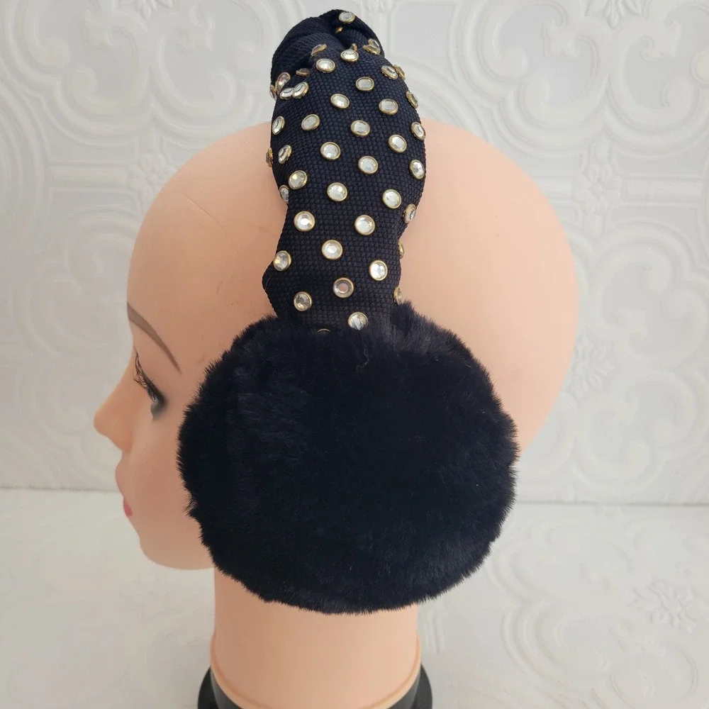 Vince Camuto Earmuffs Black Embellished Studded‎ Knot Faux Fur One Size Cozy